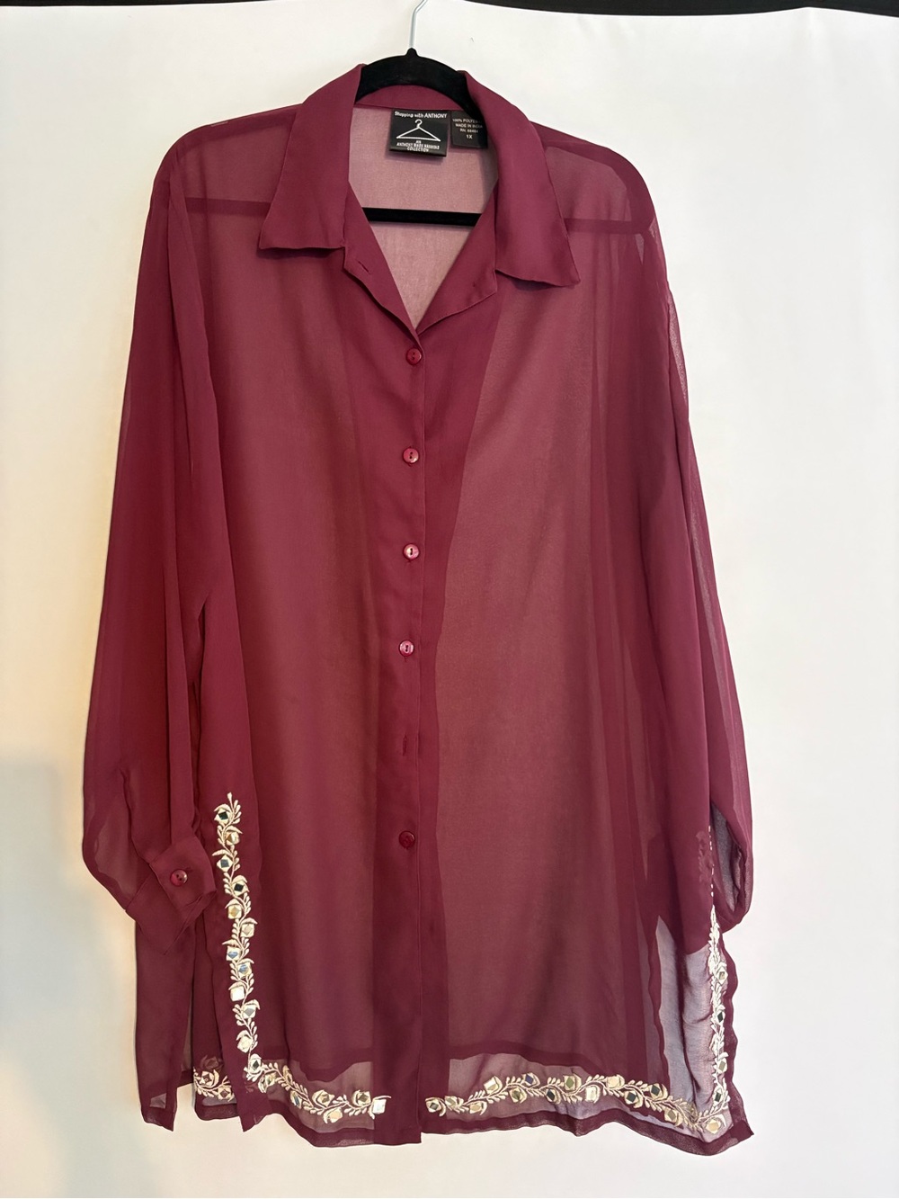 Sheer Embroidered Burgundy Button-Front Blouse